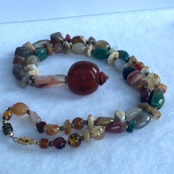 Artisan Natural Stone Beaded Boho 26" Boho Necklace Amber Colored Glass Pendant - Picture 12 of 16
